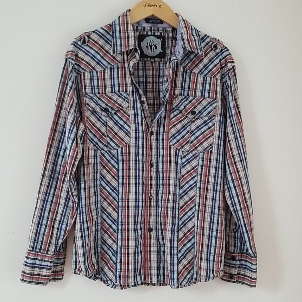 Franky Max Plaid Long Sleeve Button-down Cotton Shirt, Size M